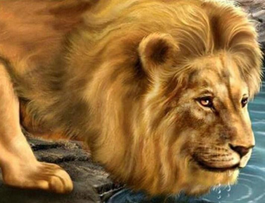 Löwen Trinkwasser. Diamond Painting - Diamond Painting