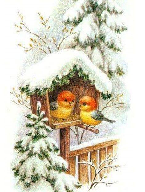 Kleines Vogelhaus im Schnee - Diamond Painting