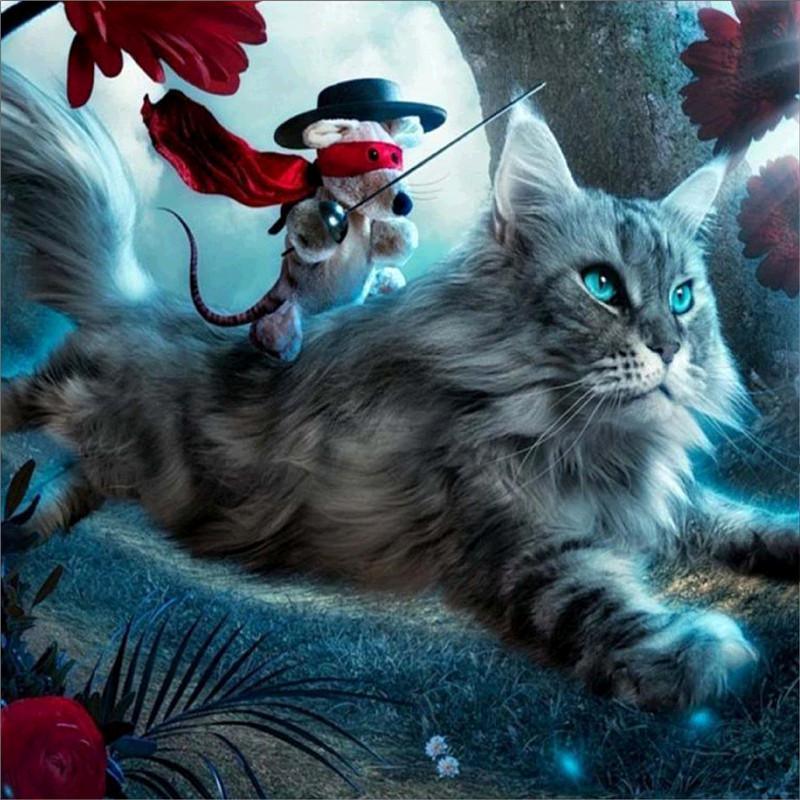 Maus reite die Katze - Diamond Painting