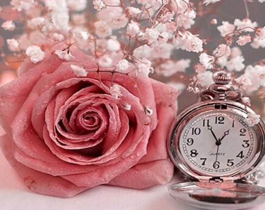 Rosa Rose & Uhr - Diamond Painting