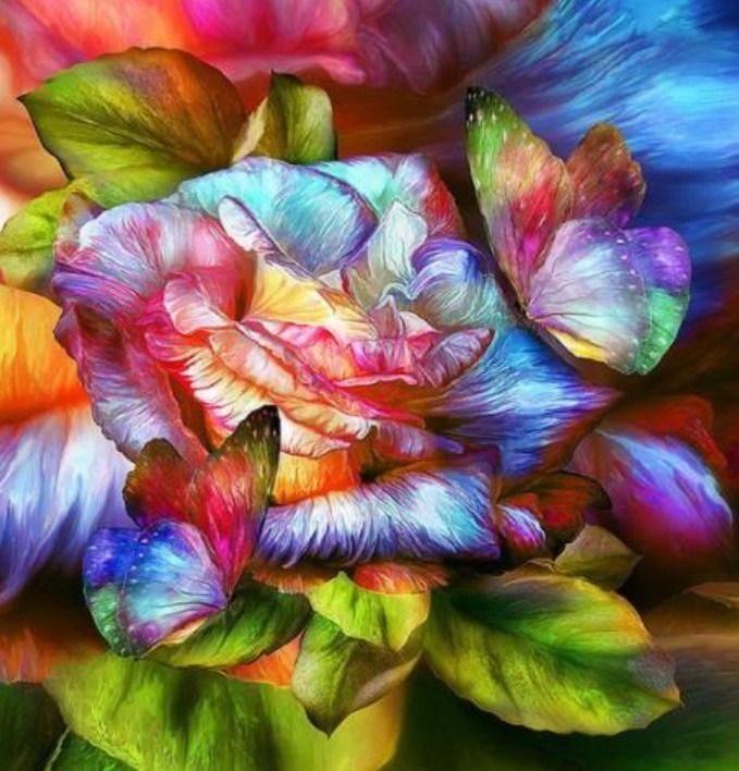 Regenbogen Schmetterlinge & Rose - Diamond Painting