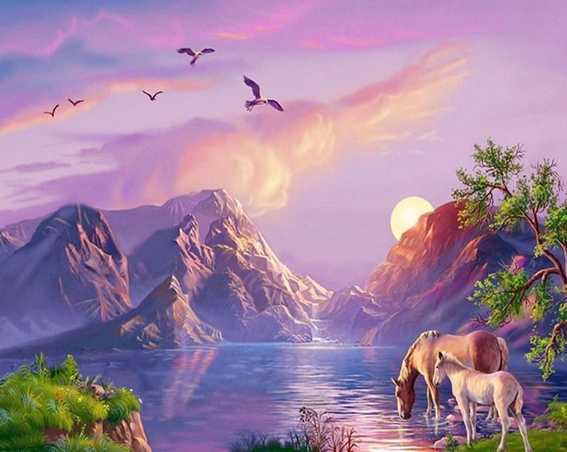 Fluss und Berge Landschaft - Diamond Painting