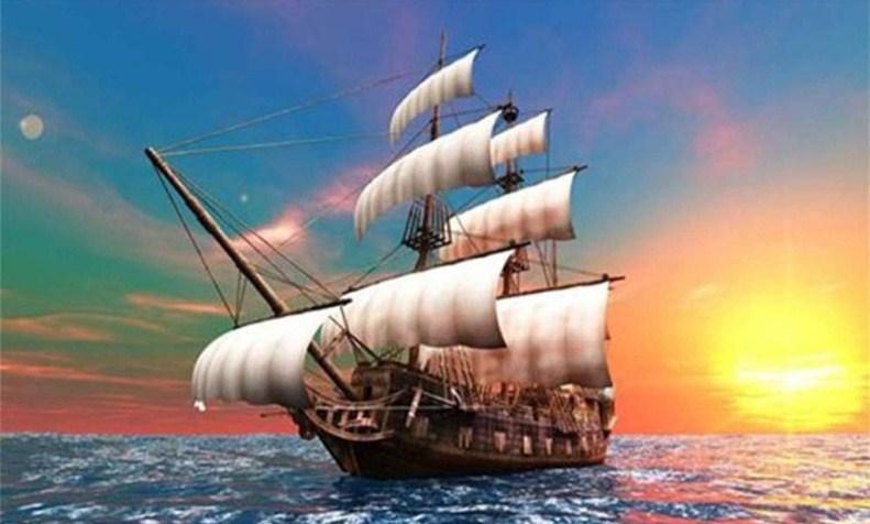 Untergehende Sonne & Segelschiff - Diamond Painitng - Diamond Painting