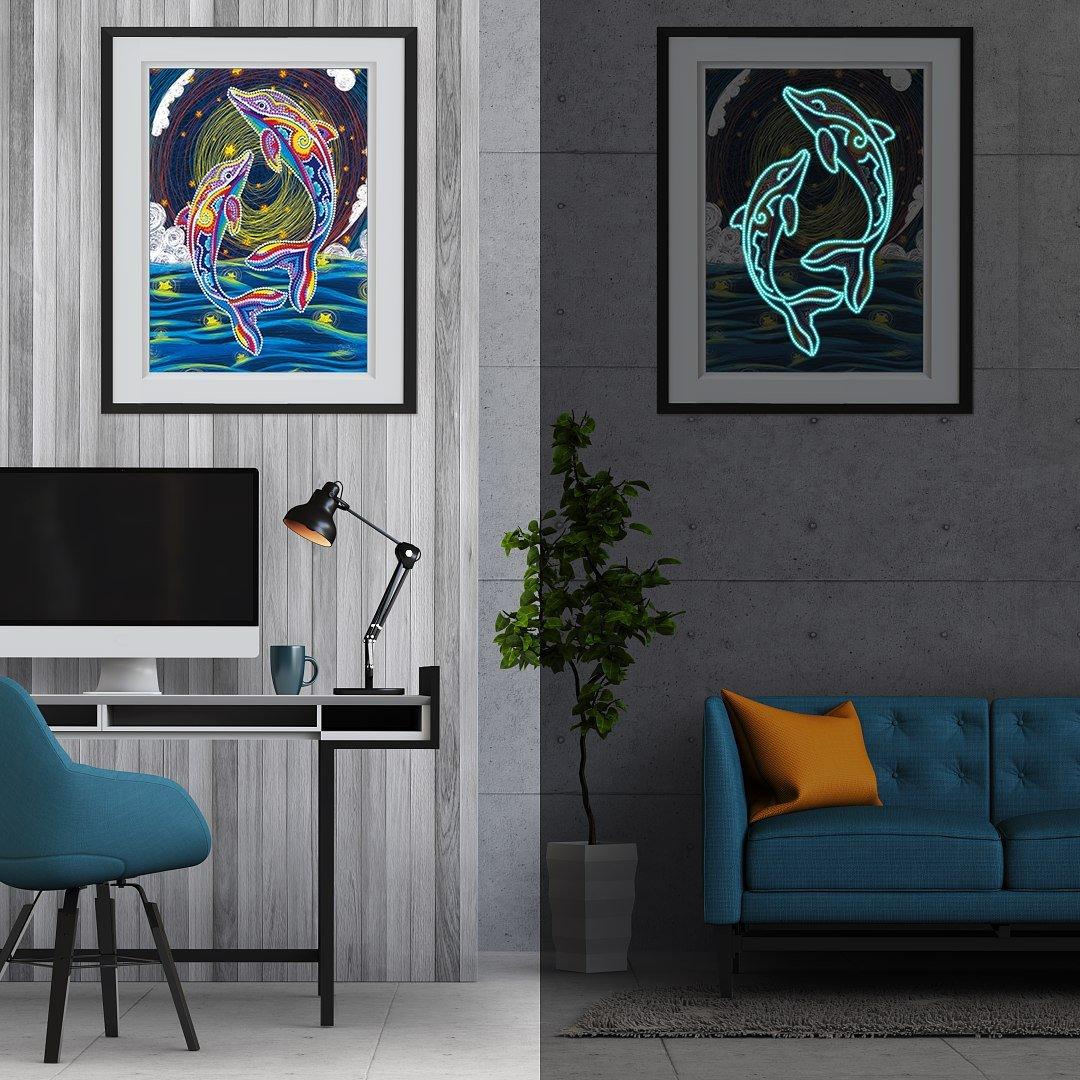 Glückliche Delfine leuchten im Dunkeln - Diamond Painting