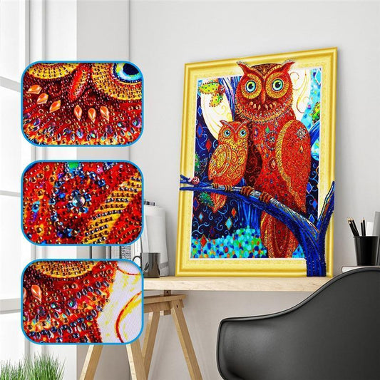 Künstlerische Eulenfamilie - Spezial Diamond Painting - Diamond Painting