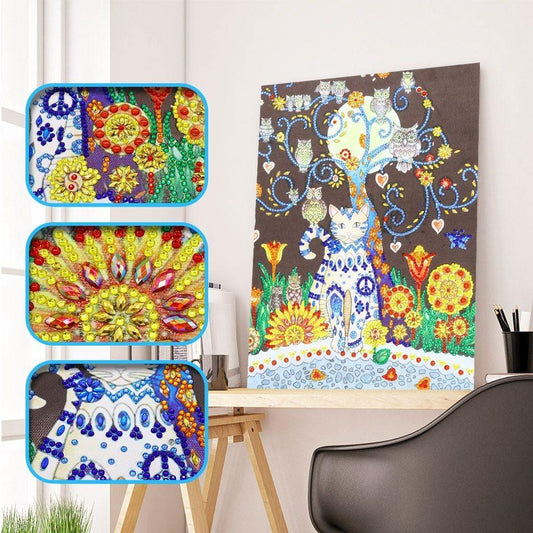 Katze und Eule - Spezial Diamond Painting - Diamond Painting