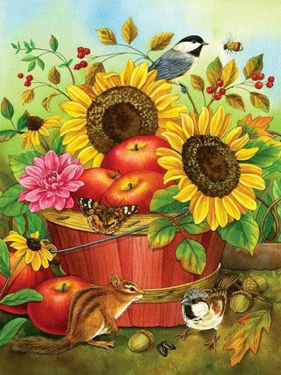 Eichhörnchen, Spatz & Sonnenblumen malen - Diamond Painting