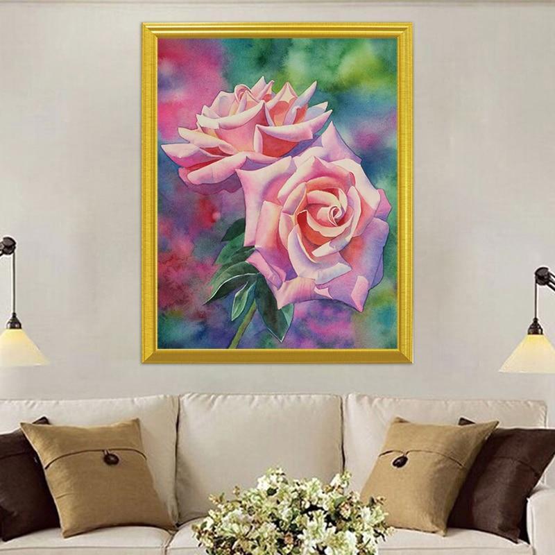 Rosa Rosen u. Grüne Blätter DIY Malerei - Diamond Painting