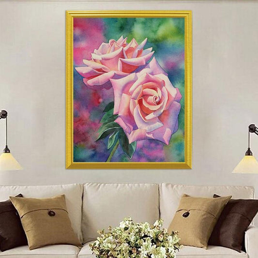 Rosa Rosen u. Grüne Blätter DIY Malerei - Diamond Painting