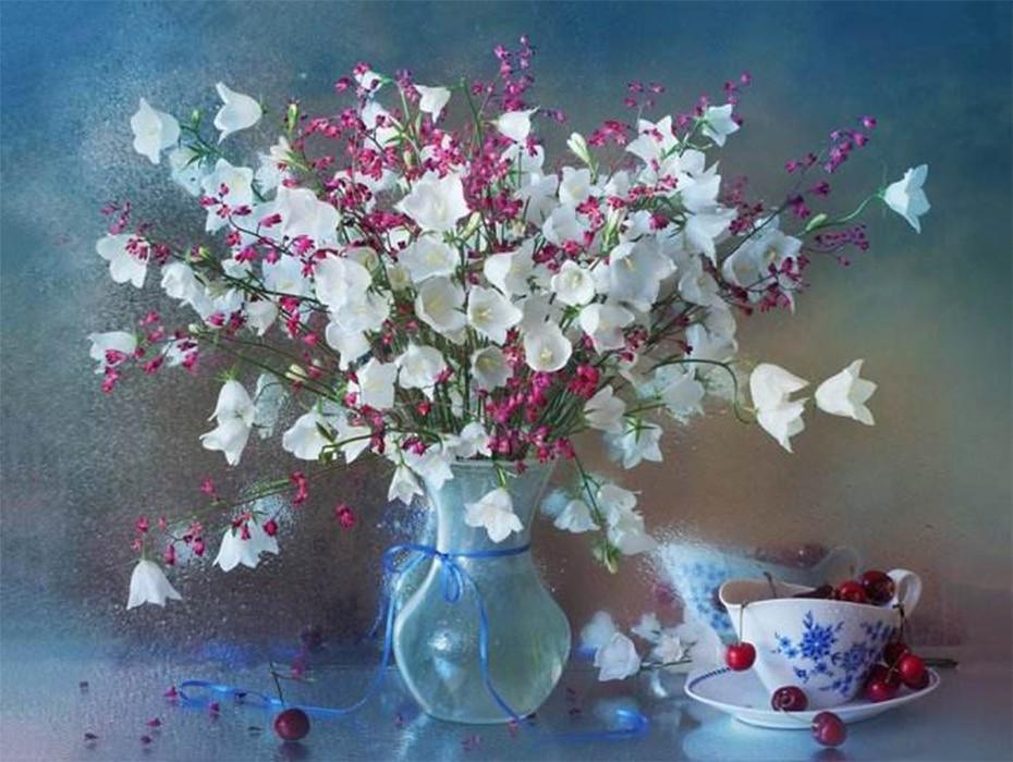 Weiße & rosa Blumen DIY Malerei - Diamond Painting