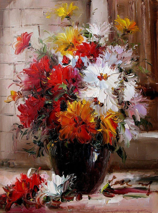 Rote, gelbe und weiße Blumen in einer Vase - Diamond Painting