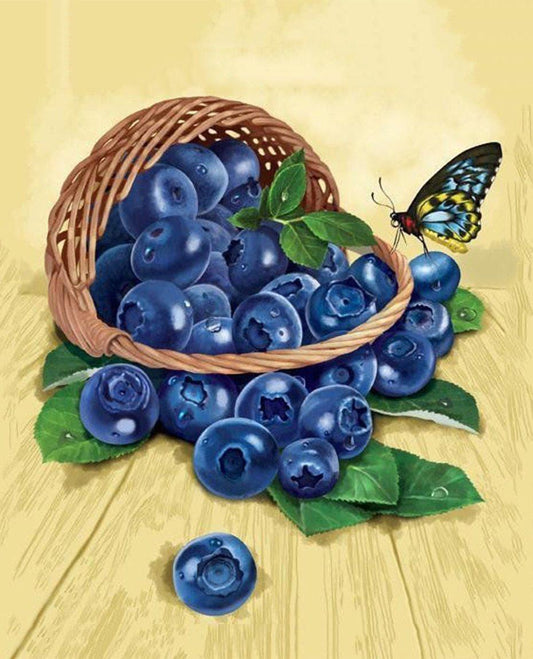 Korb mit Blaubeeren & Schmetterling - Diamond Painting