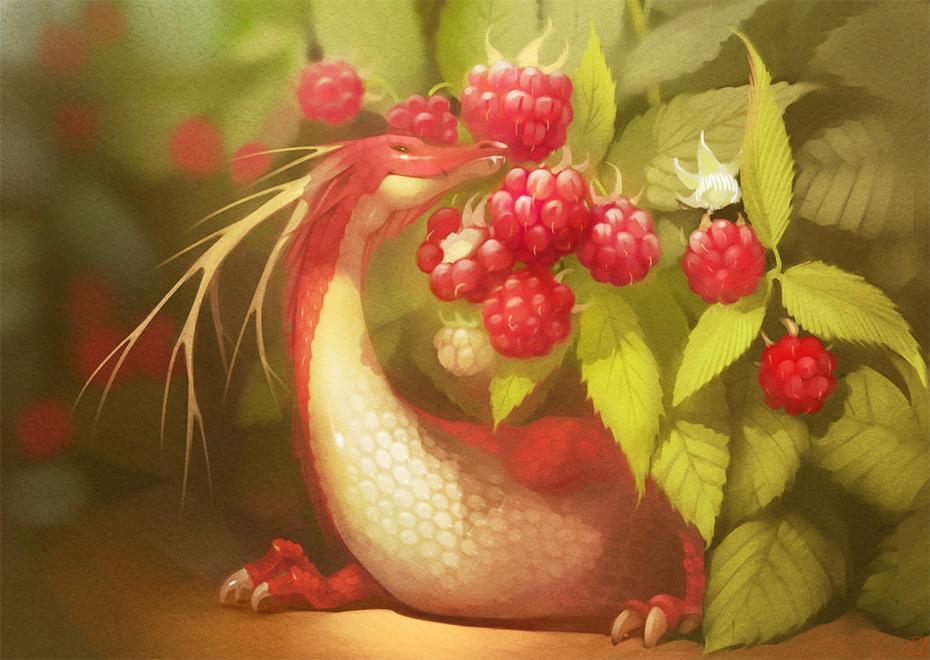Himbeeren & kleiner Drache Diamond Painting - Diamond Painting