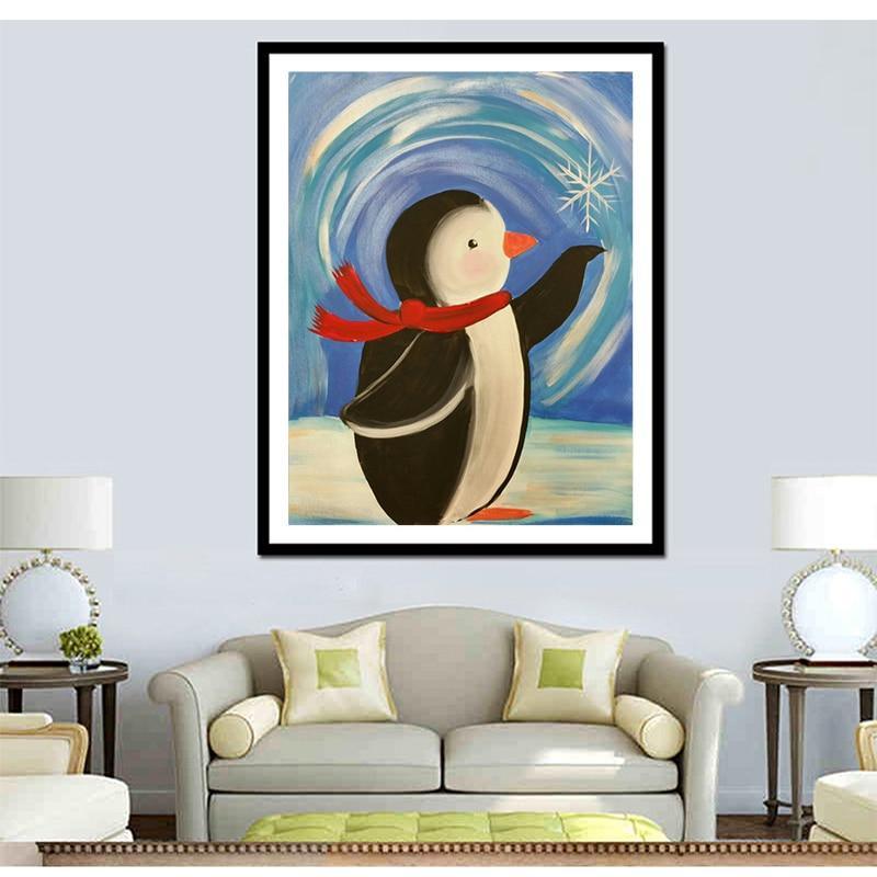 Kleiner Pinguin der Schneeflocke fängt - Diamond Painting