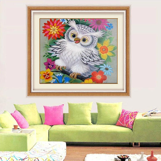 Weiße Eule & bunte Blumen - Diamond Painting