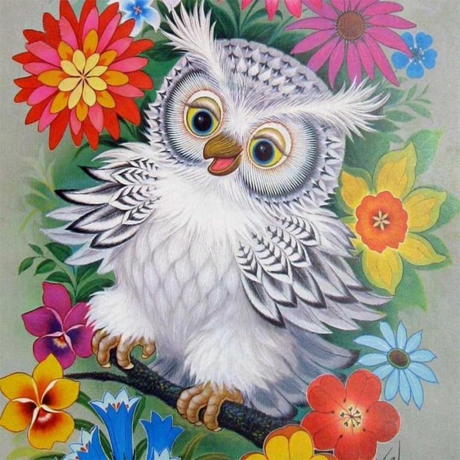 Weiße Eule & bunte Blumen - Diamond Painting