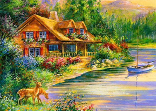 Schönes Haus am Fluss - Diamond Painting