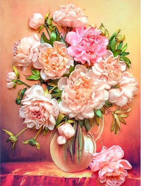 Pfingstrosenblumen in Glasvase DIY Malerei - Diamond Painting