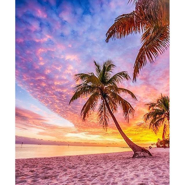 Palmen am Strand im Sonnenuntergang Diamond Painting Motiv