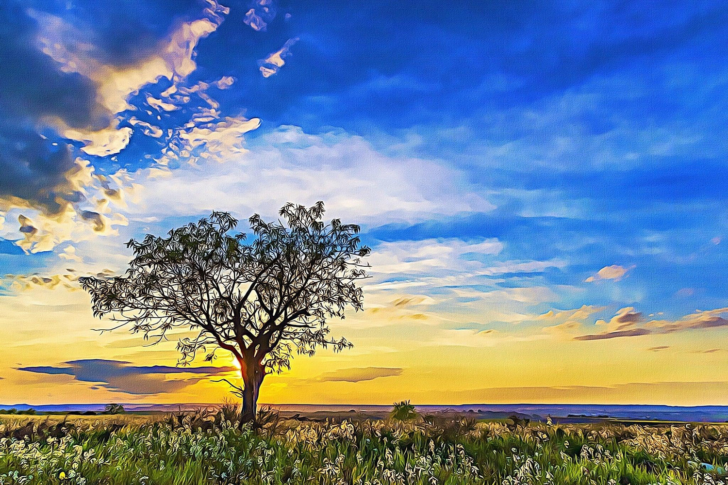 Einsamer Baum bei Sonnenuntergang - Kunst des Denise Dundon - Diamond Painting