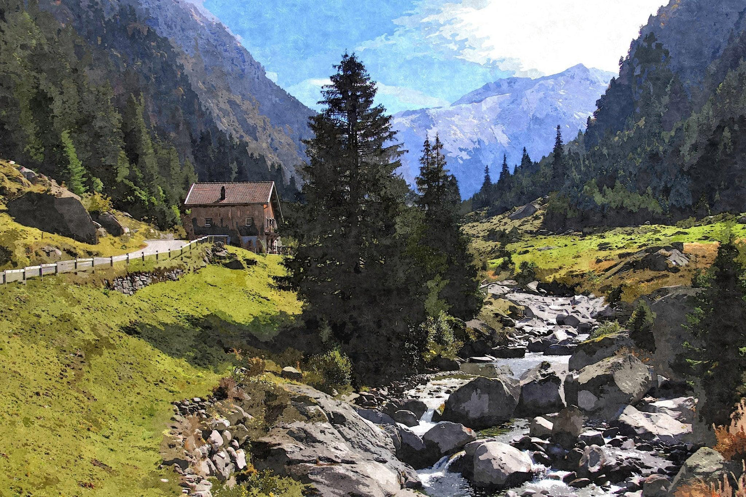 Streamside Mountain Chalet - Kunst des Denise Dundon - Diamond Painting